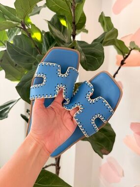 Blue Stitched Cutout Slide Sandals